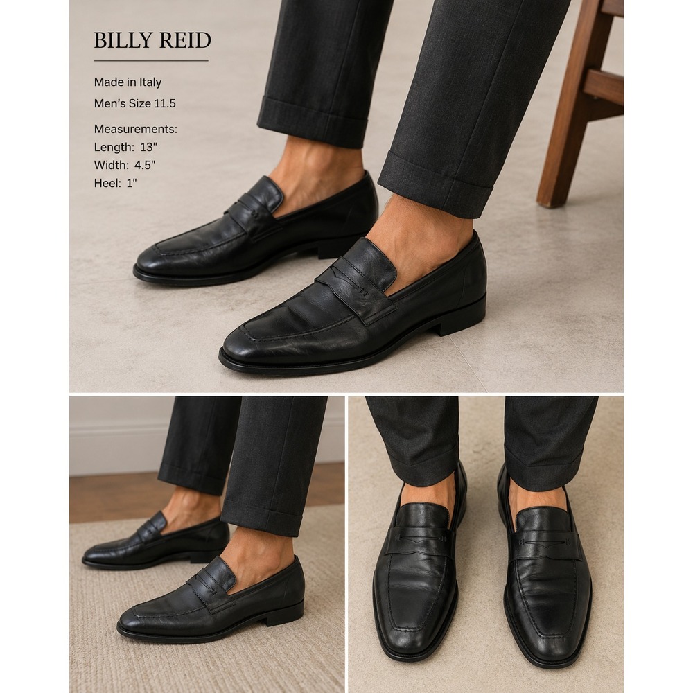 Billy Reid Black Leather Shoes Men's Size 11.5 Made in Italy Square Toe
